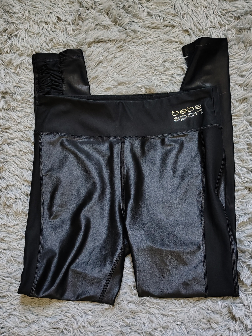 Bebe Sport Shiny Black Sectioned Leggings With Rhinestone Lettering Size M